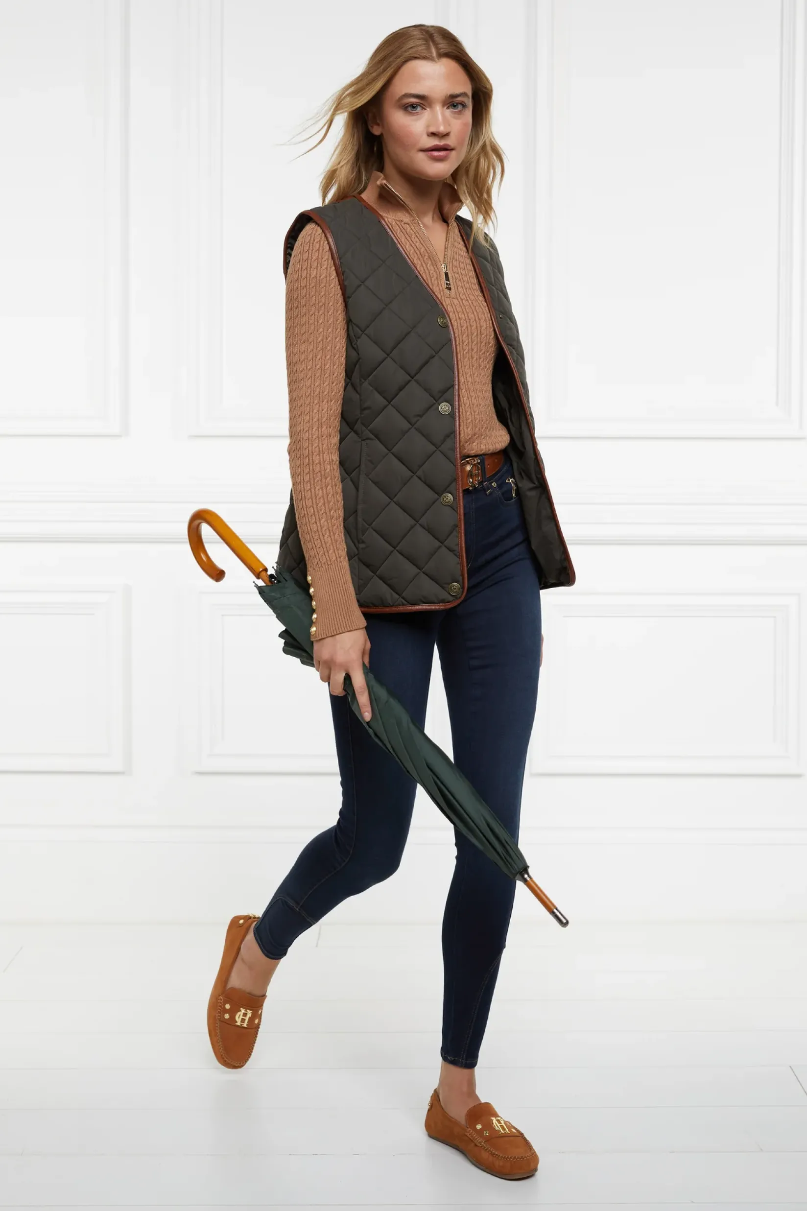 Holland Cooper Knitwear|Shop By Product-Ava Half Zip Knit Dark Camel Marl