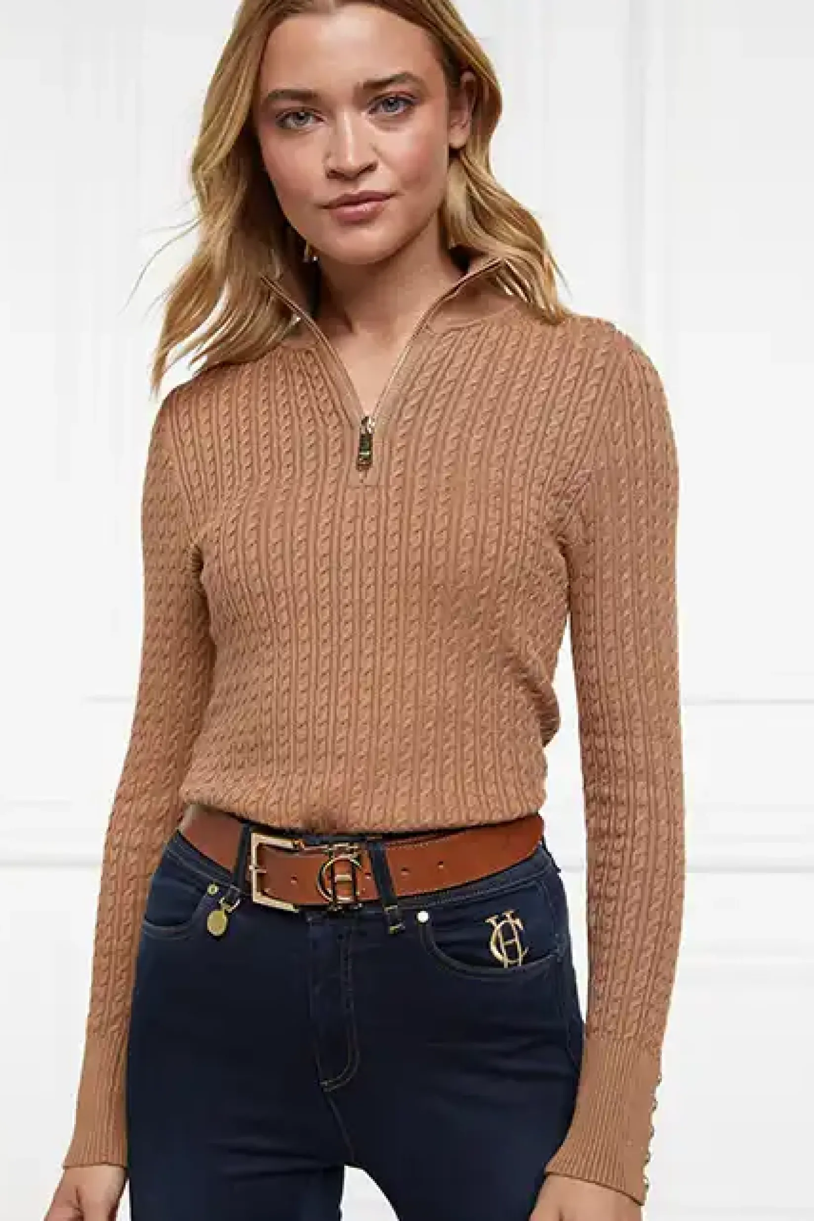 Holland Cooper Knitwear|Shop By Product-Ava Half Zip Knit Dark Camel Marl