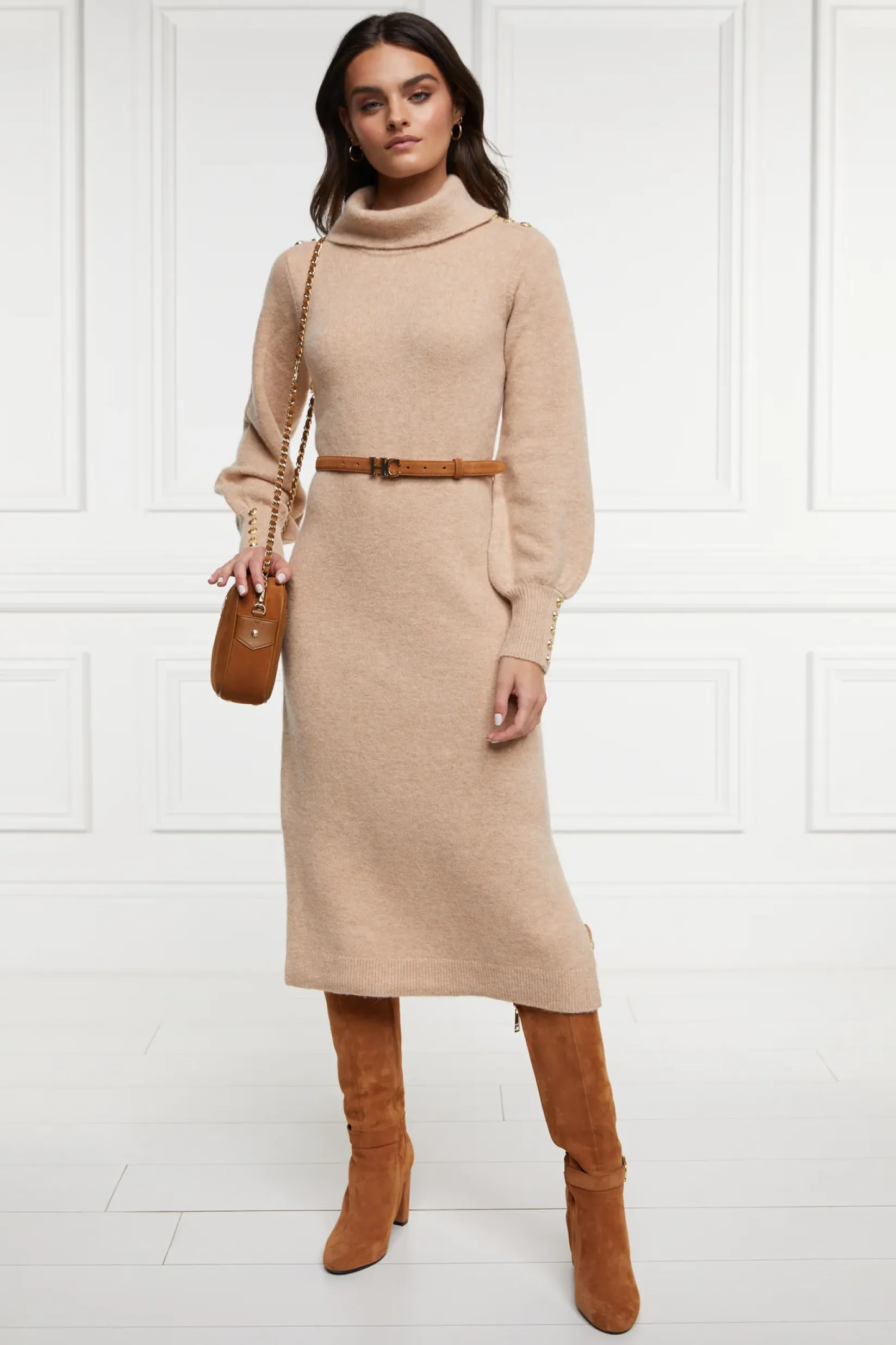 Holland Cooper Gifts For Her|Dresses-Berkeley Roll Neck Dress Camel