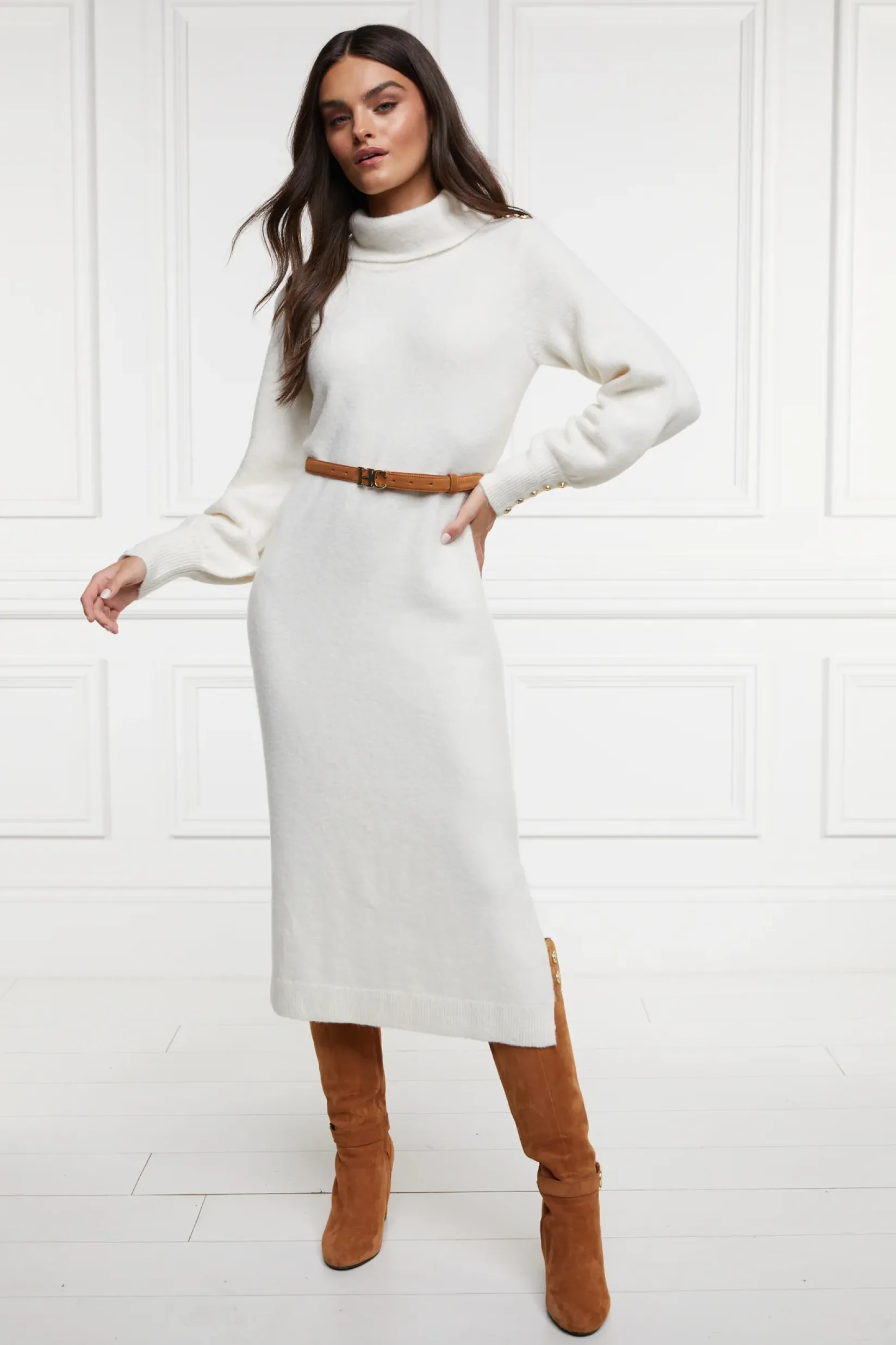 Holland Cooper Gifts For Her|Dresses-Berkeley Roll Neck Dress Natural