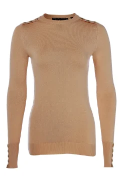 Holland Cooper Knitwear|Country Collection-Buttoned Knit Crew Neck Dark Camel