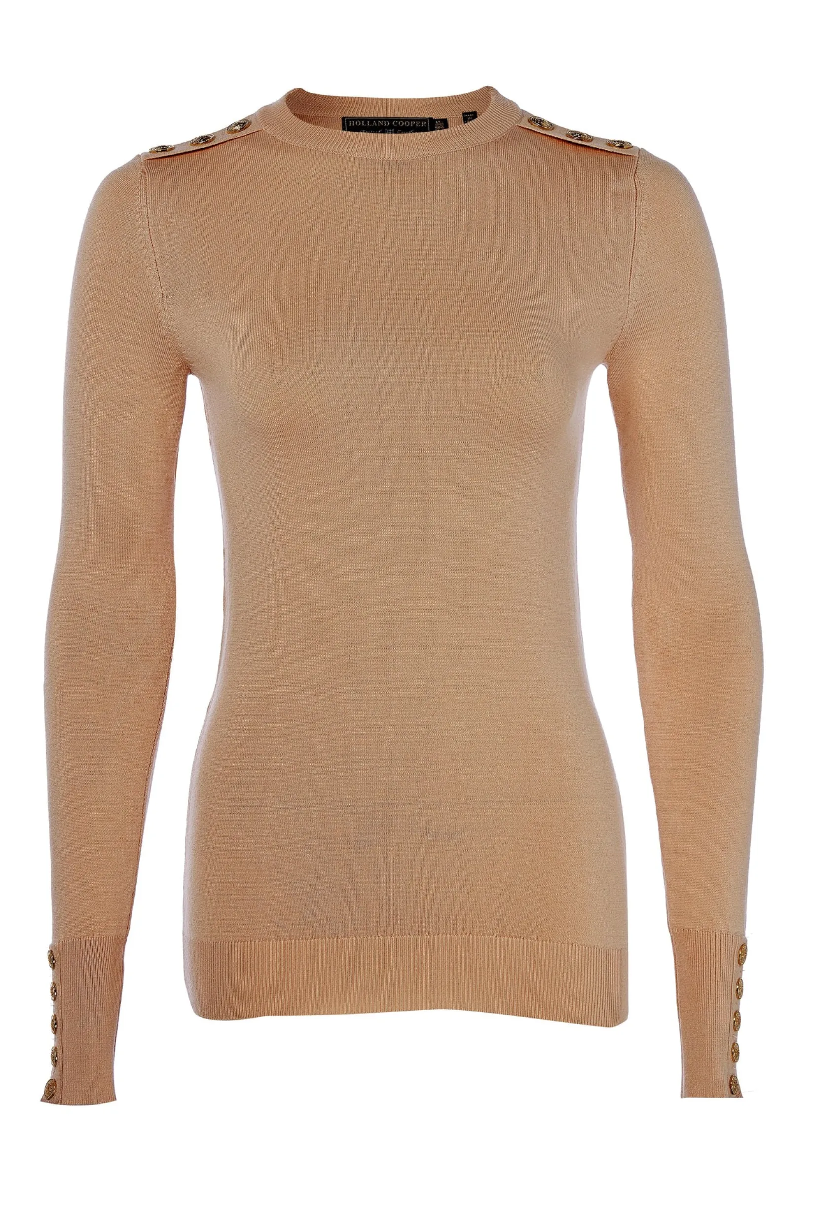 Holland Cooper Knitwear|Country Collection-Buttoned Knit Crew Neck Dark Camel