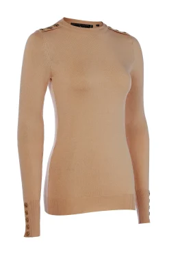 Holland Cooper Knitwear|Country Collection-Buttoned Knit Crew Neck Dark Camel