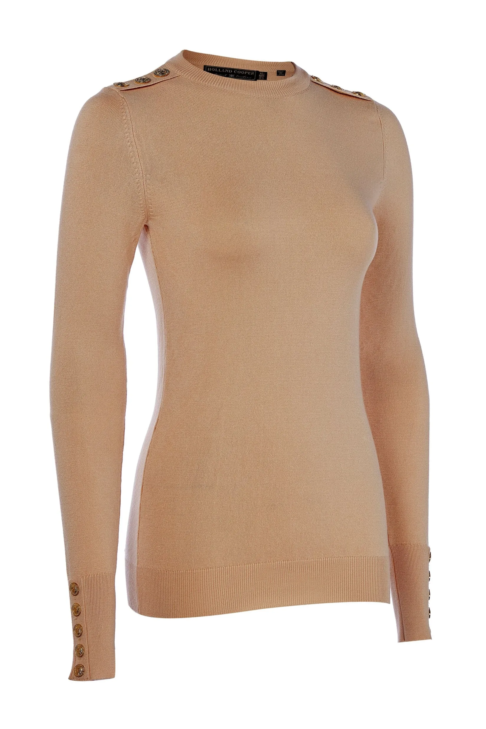 Holland Cooper Knitwear|Country Collection-Buttoned Knit Crew Neck Dark Camel
