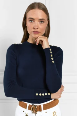 Holland Cooper Knitwear-Buttoned Knit Crew Neck Ink Navy