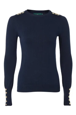 Holland Cooper Knitwear-Buttoned Knit Crew Neck Ink Navy