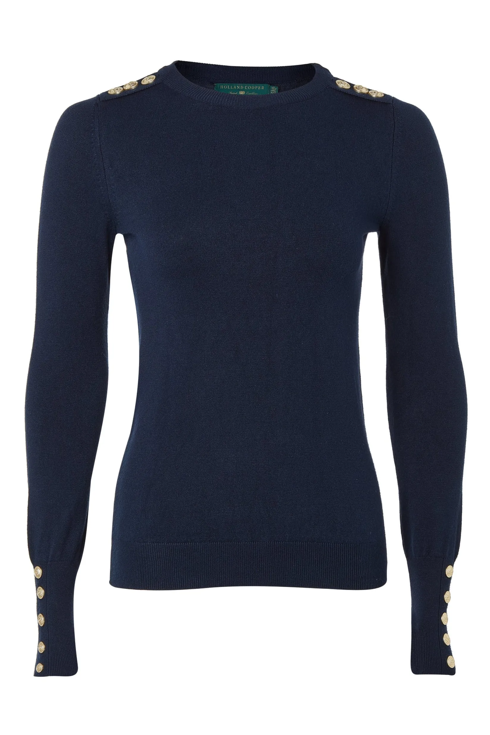 Holland Cooper Knitwear-Buttoned Knit Crew Neck Ink Navy