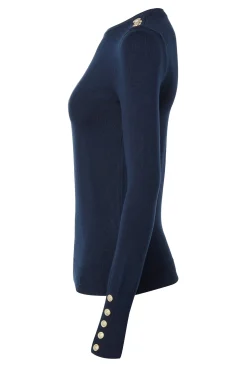 Holland Cooper Knitwear-Buttoned Knit Crew Neck Ink Navy