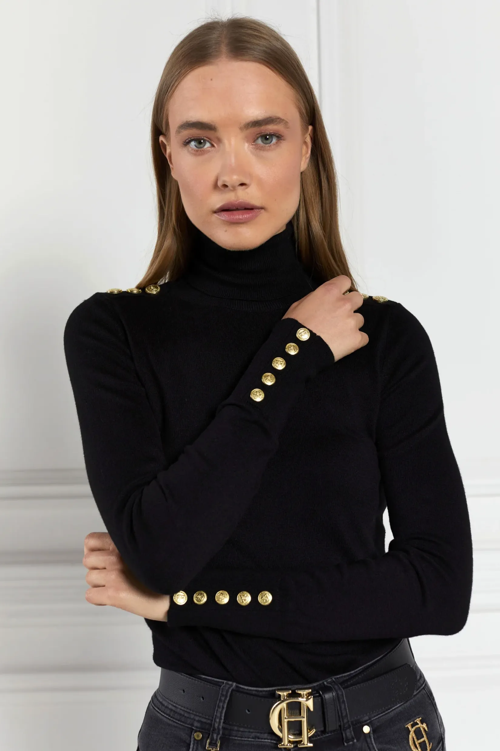 Holland Cooper Knitwear|Seasonal Inspiration-Buttoned Knit Roll Neck Black