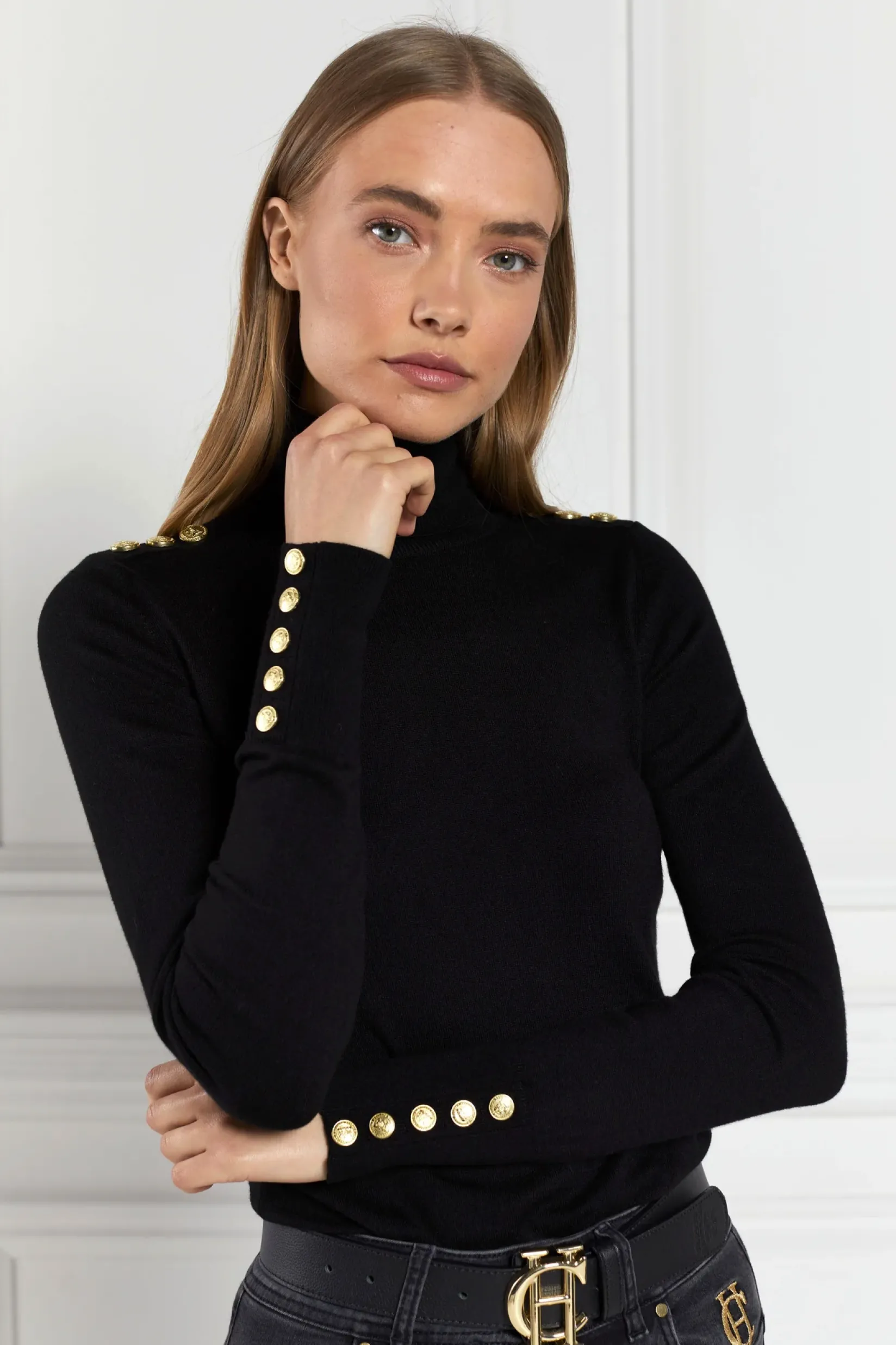 Holland Cooper Knitwear|Seasonal Inspiration-Buttoned Knit Roll Neck Black