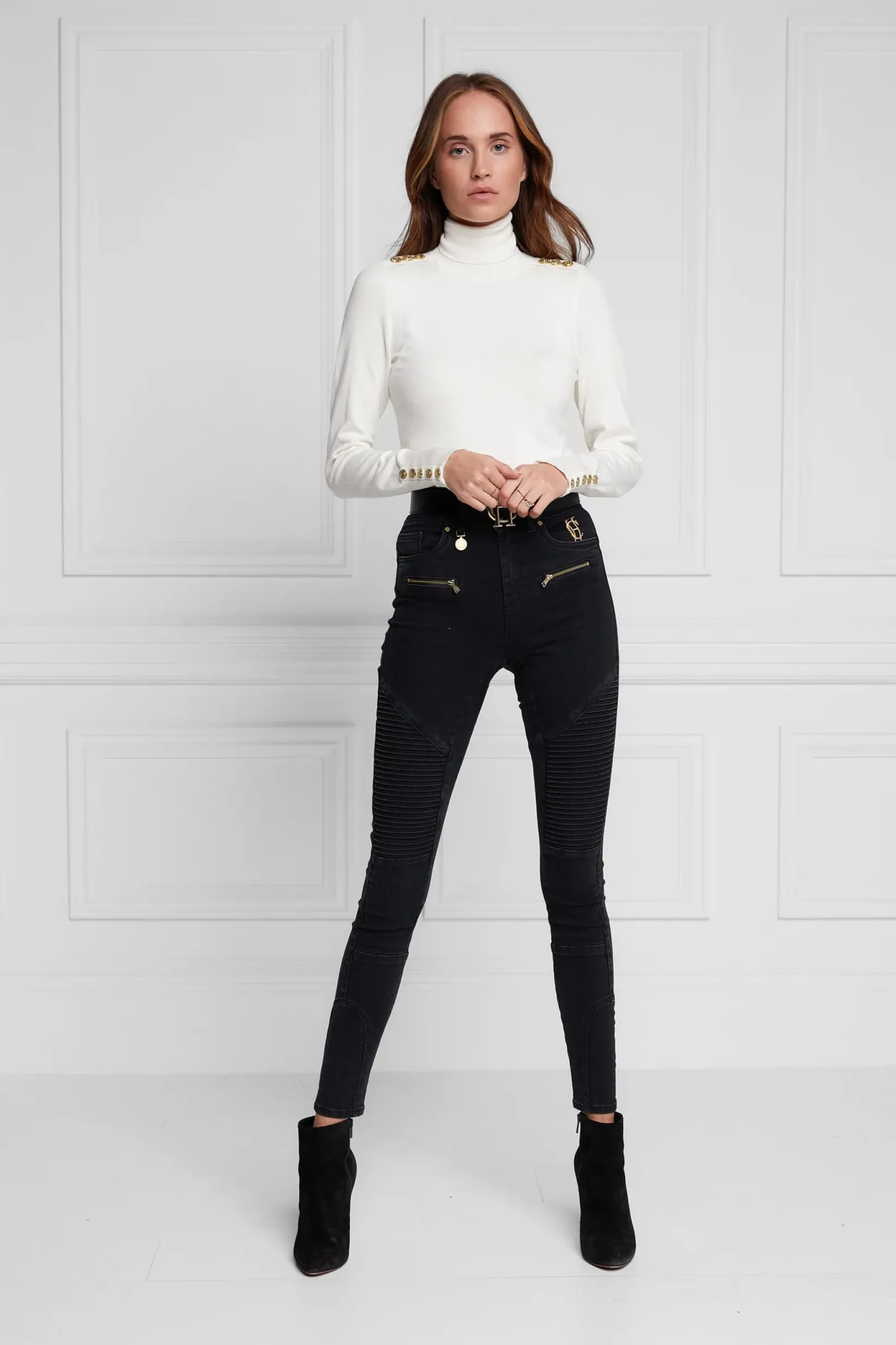 Holland Cooper Knitwear-Buttoned Knit Roll Neck Cream