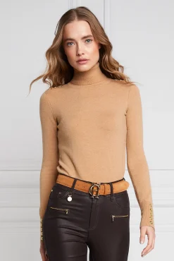 Holland Cooper Knitwear-Buttoned Knit Roll Neck Dark Camel