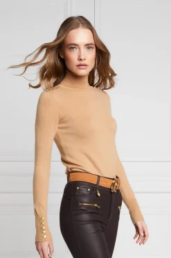 Holland Cooper Knitwear-Buttoned Knit Roll Neck Dark Camel