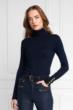 Holland Cooper Knitwear|Wardrobe Staples-Buttoned Knit Roll Neck Ink Navy