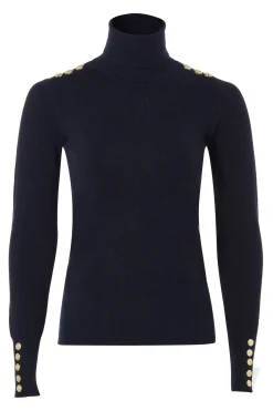 Holland Cooper Knitwear|Wardrobe Staples-Buttoned Knit Roll Neck Ink Navy