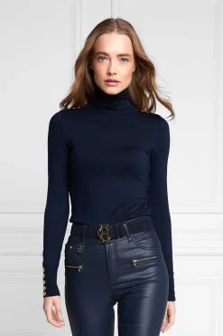 Holland Cooper Knitwear|Wardrobe Staples-Buttoned Knit Roll Neck Ink Navy