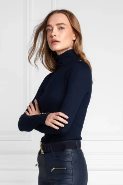 Holland Cooper Knitwear|Wardrobe Staples-Buttoned Knit Roll Neck Ink Navy