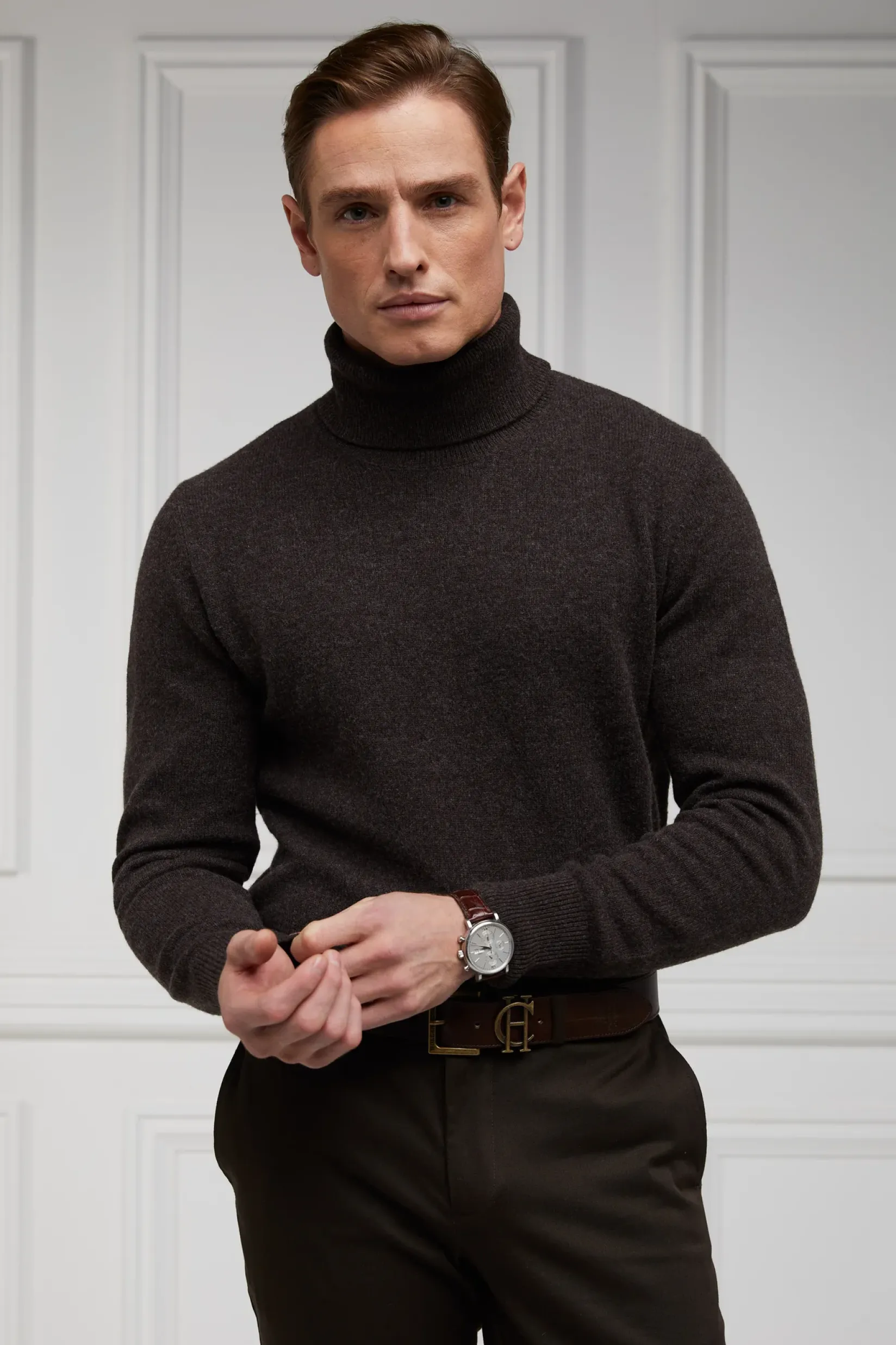 Holland Cooper Gifts For Him|Knitwear-Byron Roll Neck Knit Chocolate