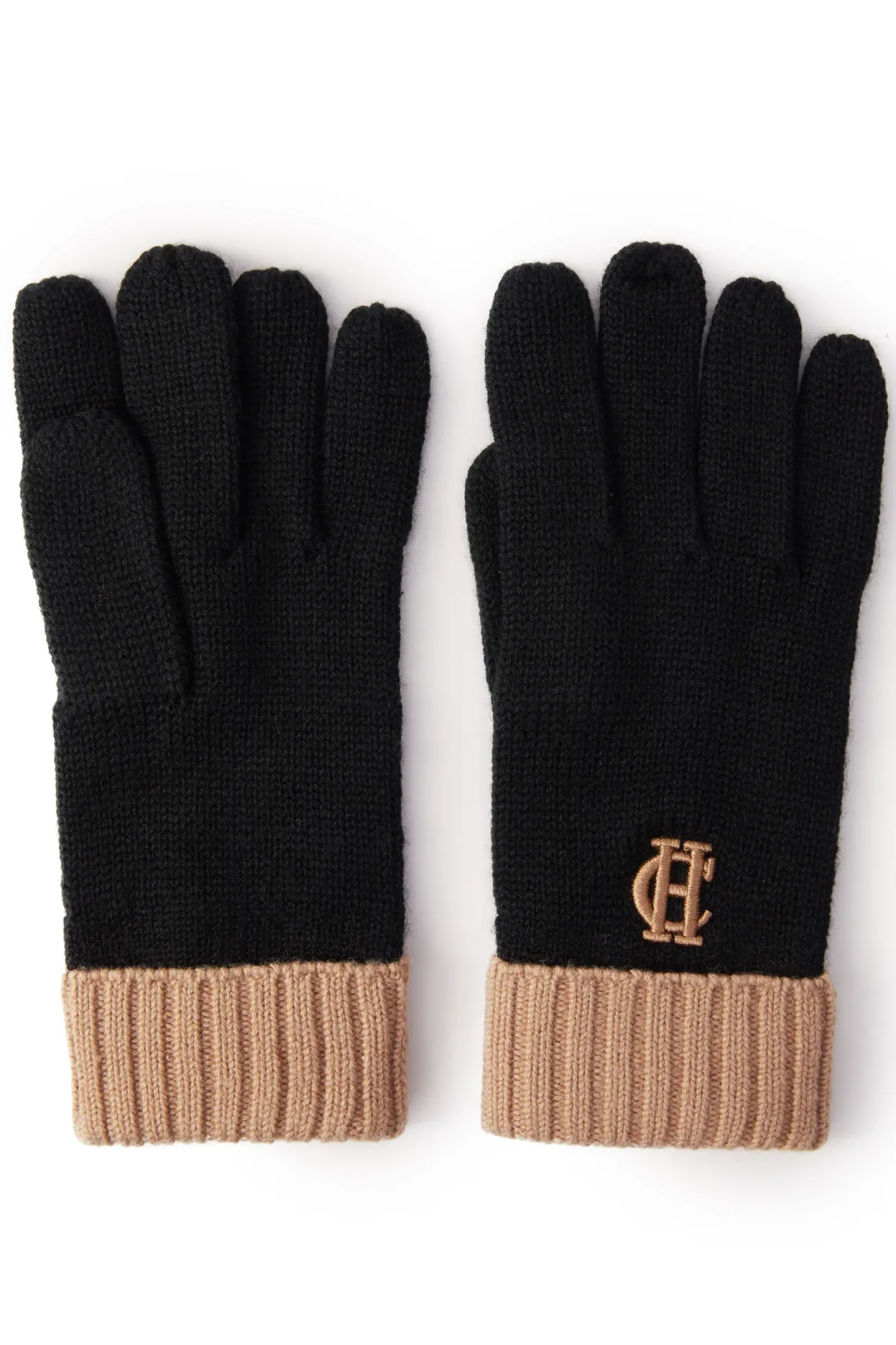 Holland Cooper Accessories|Shop Women-Chelsea Logo Knitted Gloves Black Tan