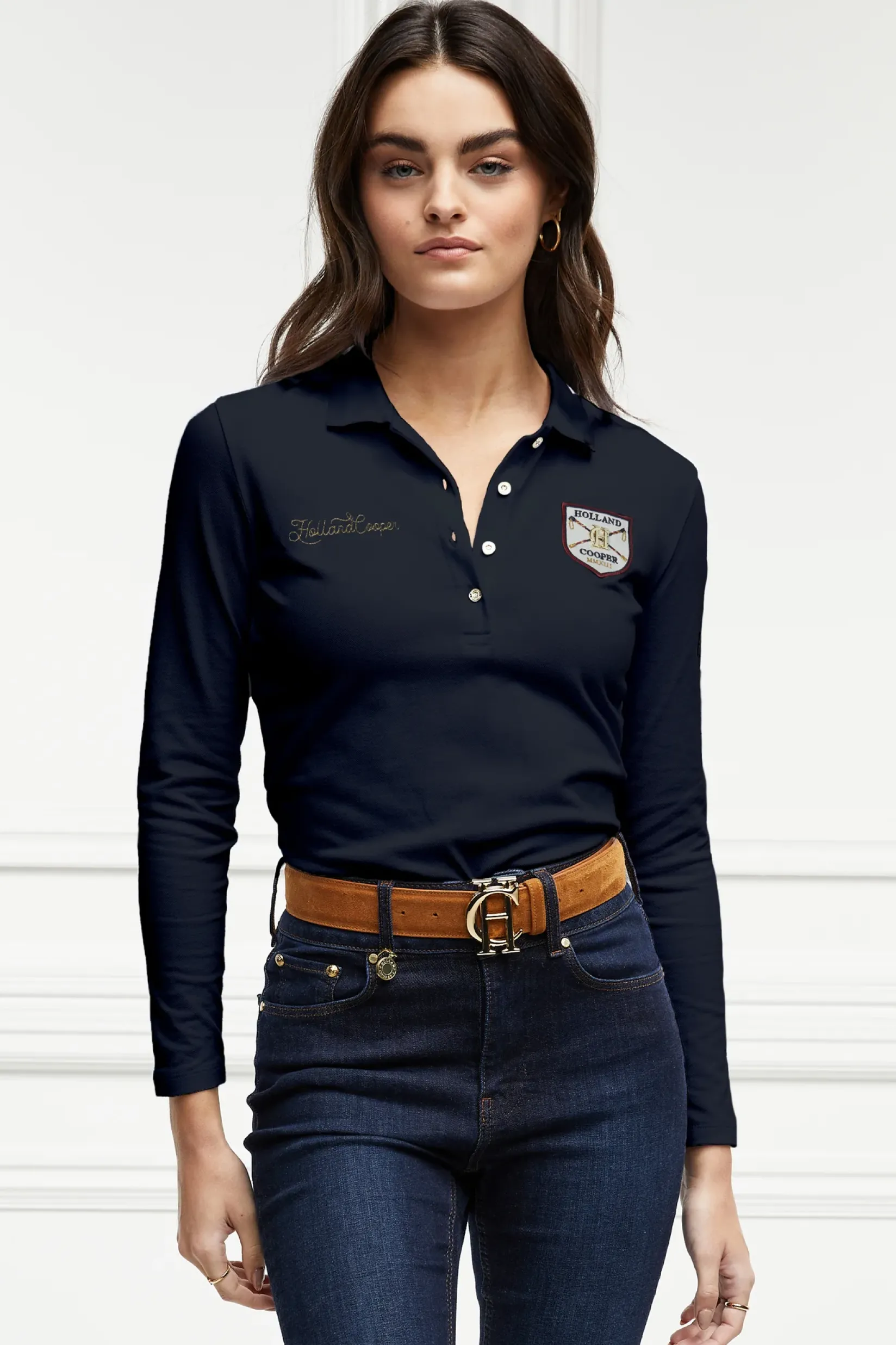 Holland Cooper Equestrian Casualwear|Training Wear-Classic Long Sleeve Polo Shirt Ink Navy