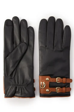 Holland Cooper Accessories|Shop Women-Contrast Leather Gloves Black Tan