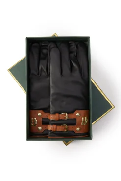 Holland Cooper Accessories|Shop Women-Contrast Leather Gloves Black Tan