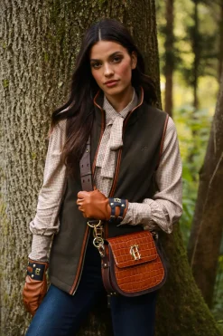 Holland Cooper Accessories|Shop Women-Contrast Leather Gloves Tan Ink Navy