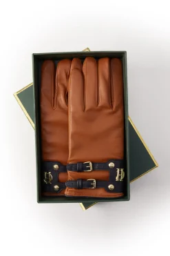 Holland Cooper Accessories|Shop Women-Contrast Leather Gloves Tan Ink Navy