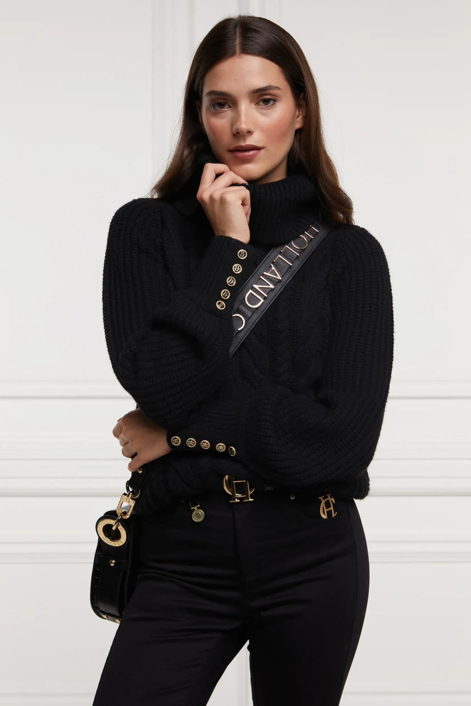 Holland Cooper Knitwear|Après Ski-Corded Roll Neck Knit Black