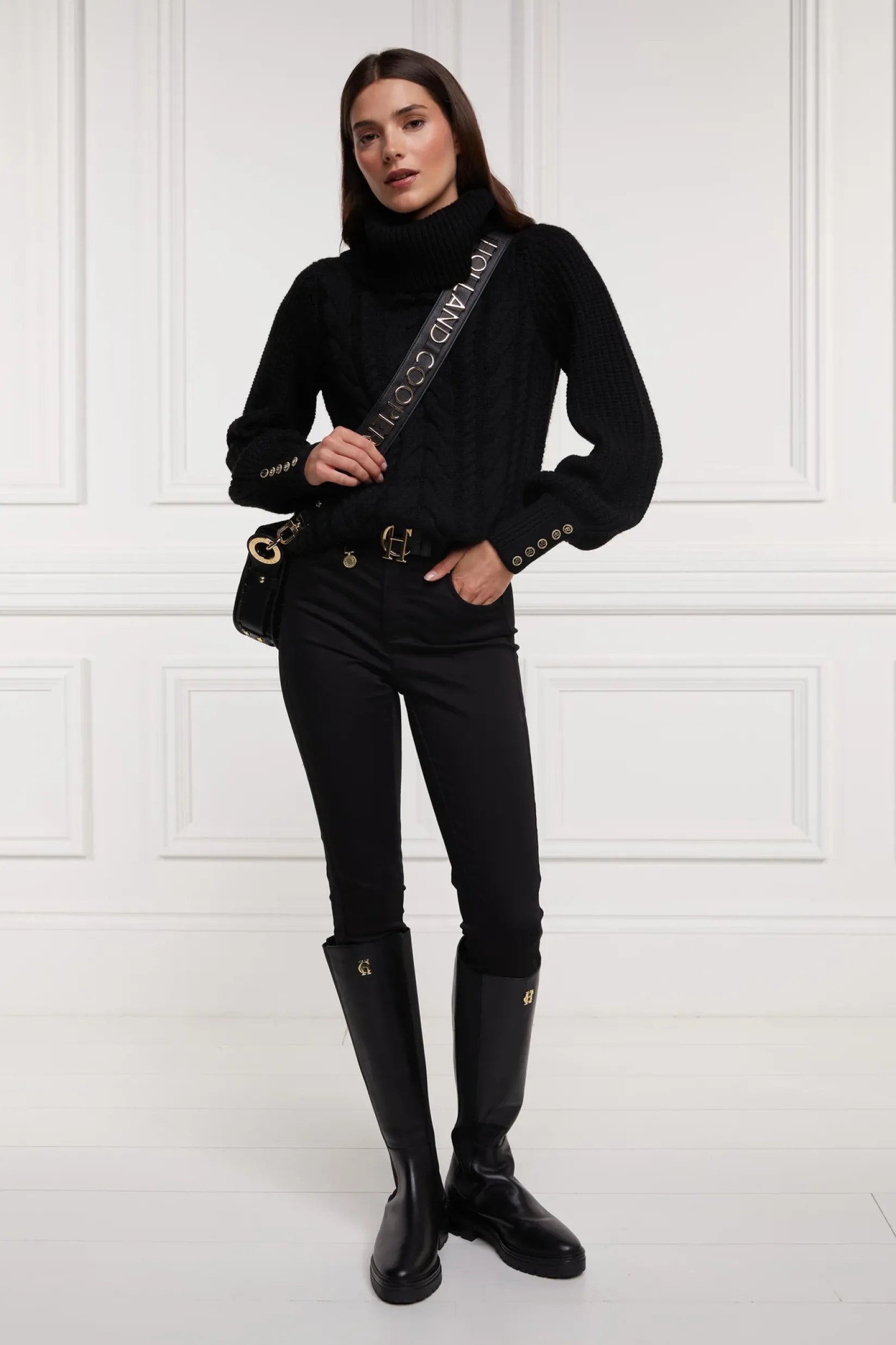 Holland Cooper Knitwear|Après Ski-Corded Roll Neck Knit Black