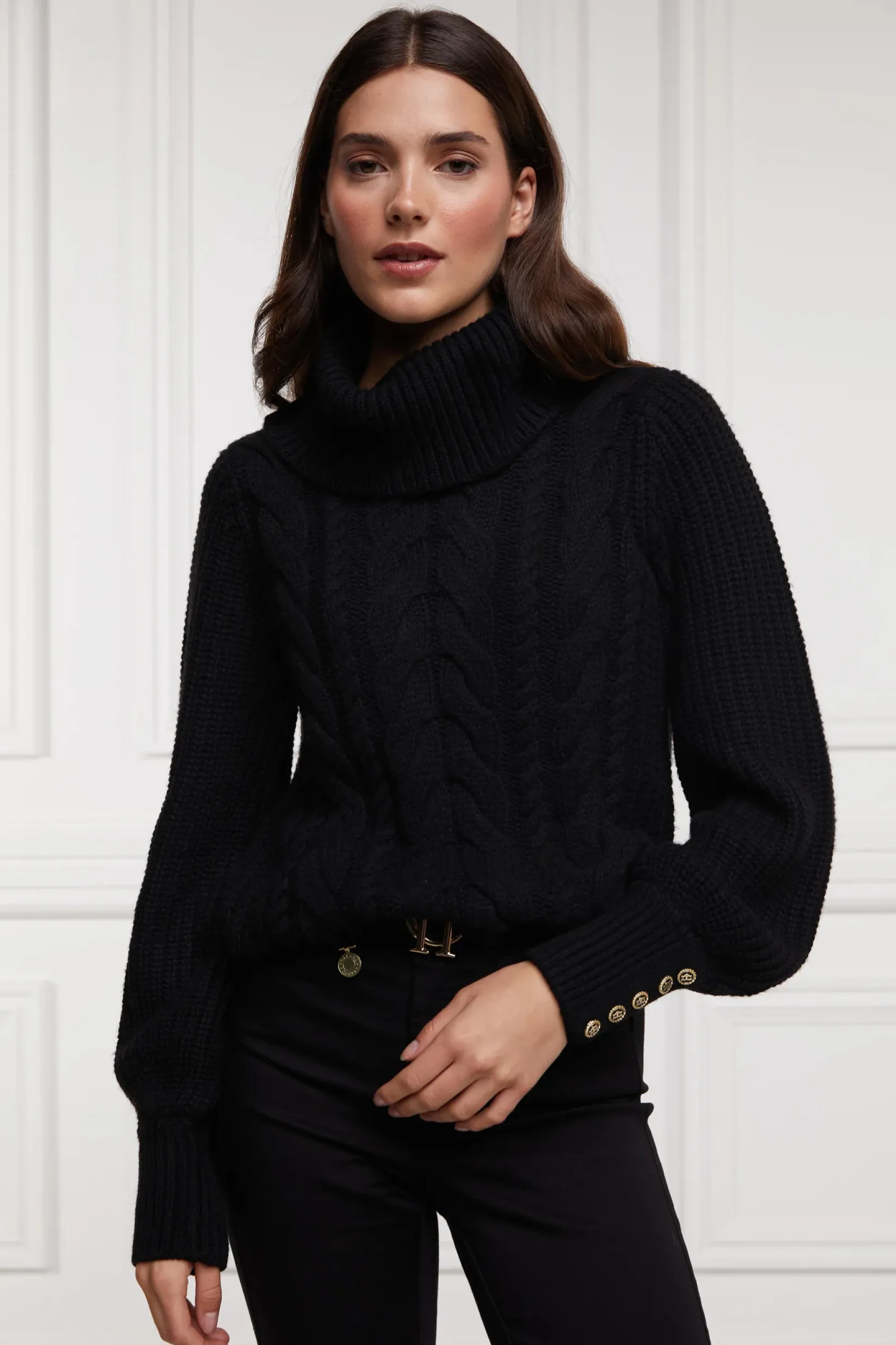 Holland Cooper Knitwear|Après Ski-Corded Roll Neck Knit Black