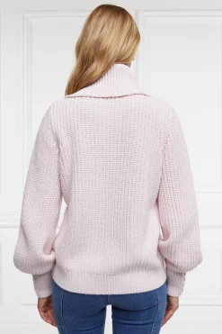 Holland Cooper Knitwear-Corded Roll Neck Knit Ice Pink