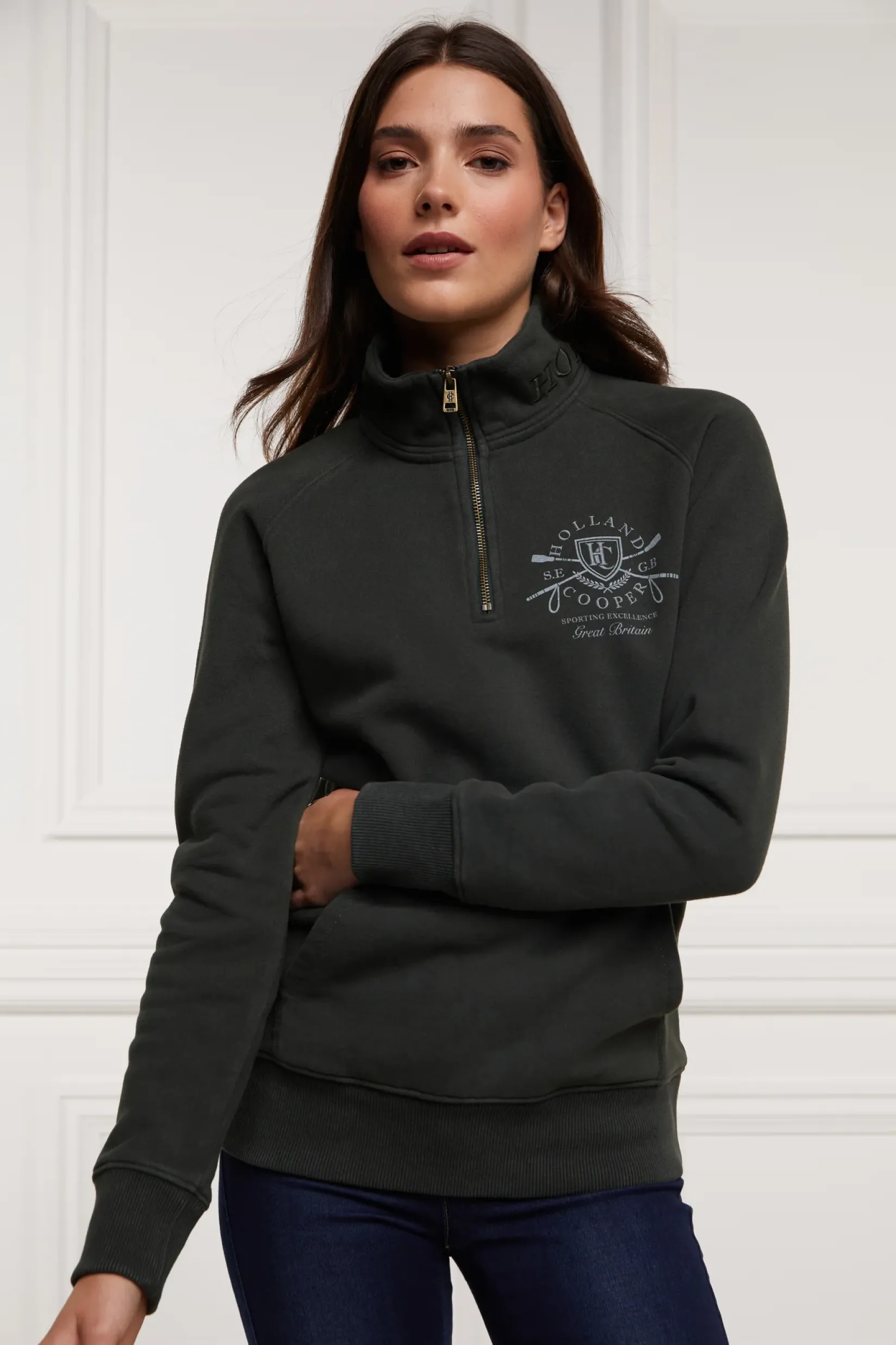 Holland Cooper Sweatshirts|Casualwear-Crest Zip Henley Racing Green