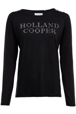 Holland Cooper Tees|Casualwear-Diamante Long Sleeve Crew Neck Tee Black Silver