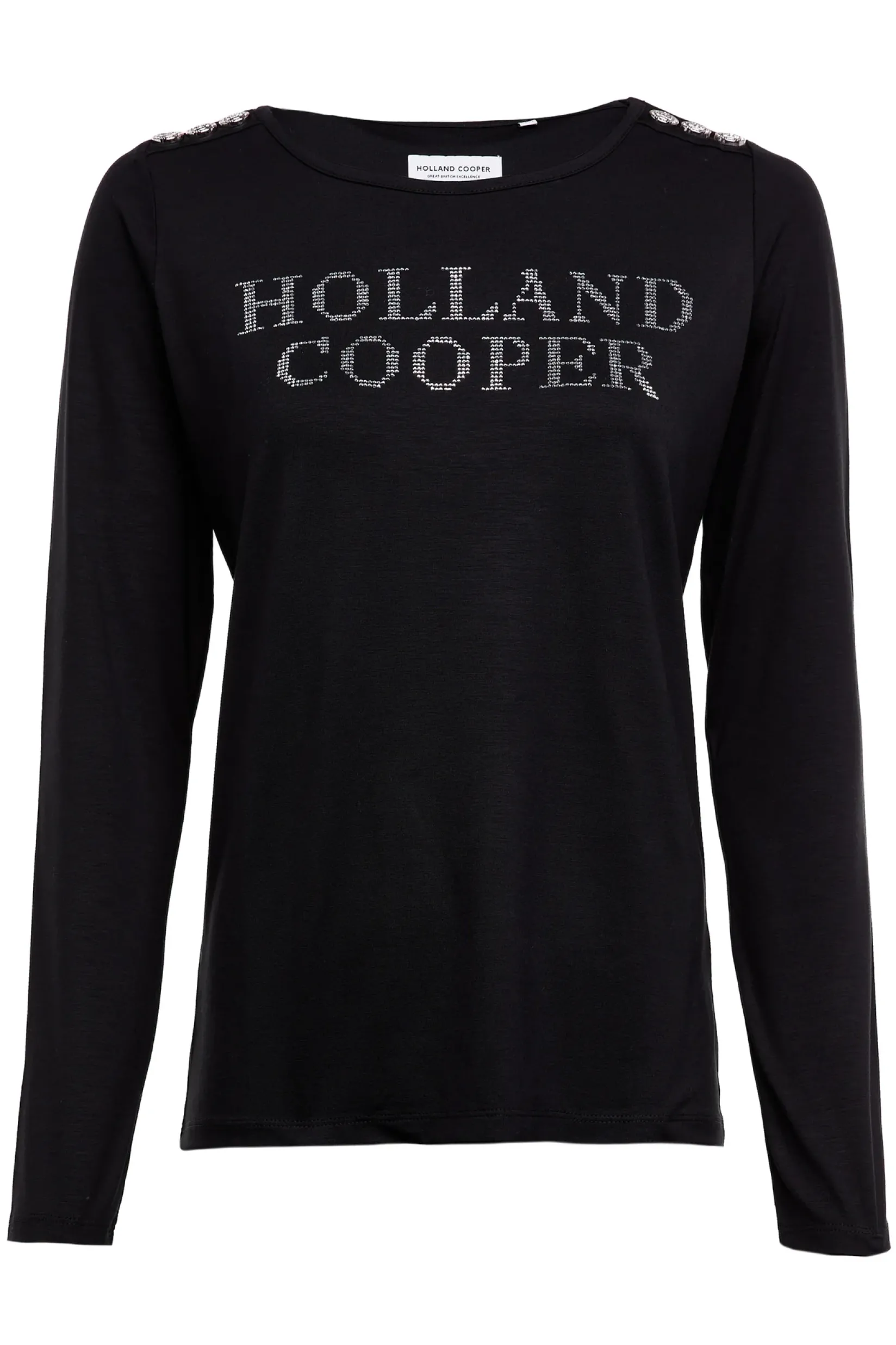 Holland Cooper Tees|Casualwear-Diamante Long Sleeve Crew Neck Tee Black Silver