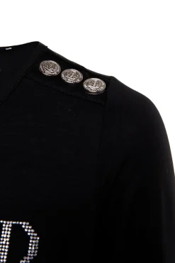 Holland Cooper Tees|Casualwear-Diamante Long Sleeve Crew Neck Tee Black Silver