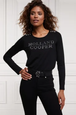 Holland Cooper Tees|Casualwear-Diamante Long Sleeve Crew Neck Tee Black Silver