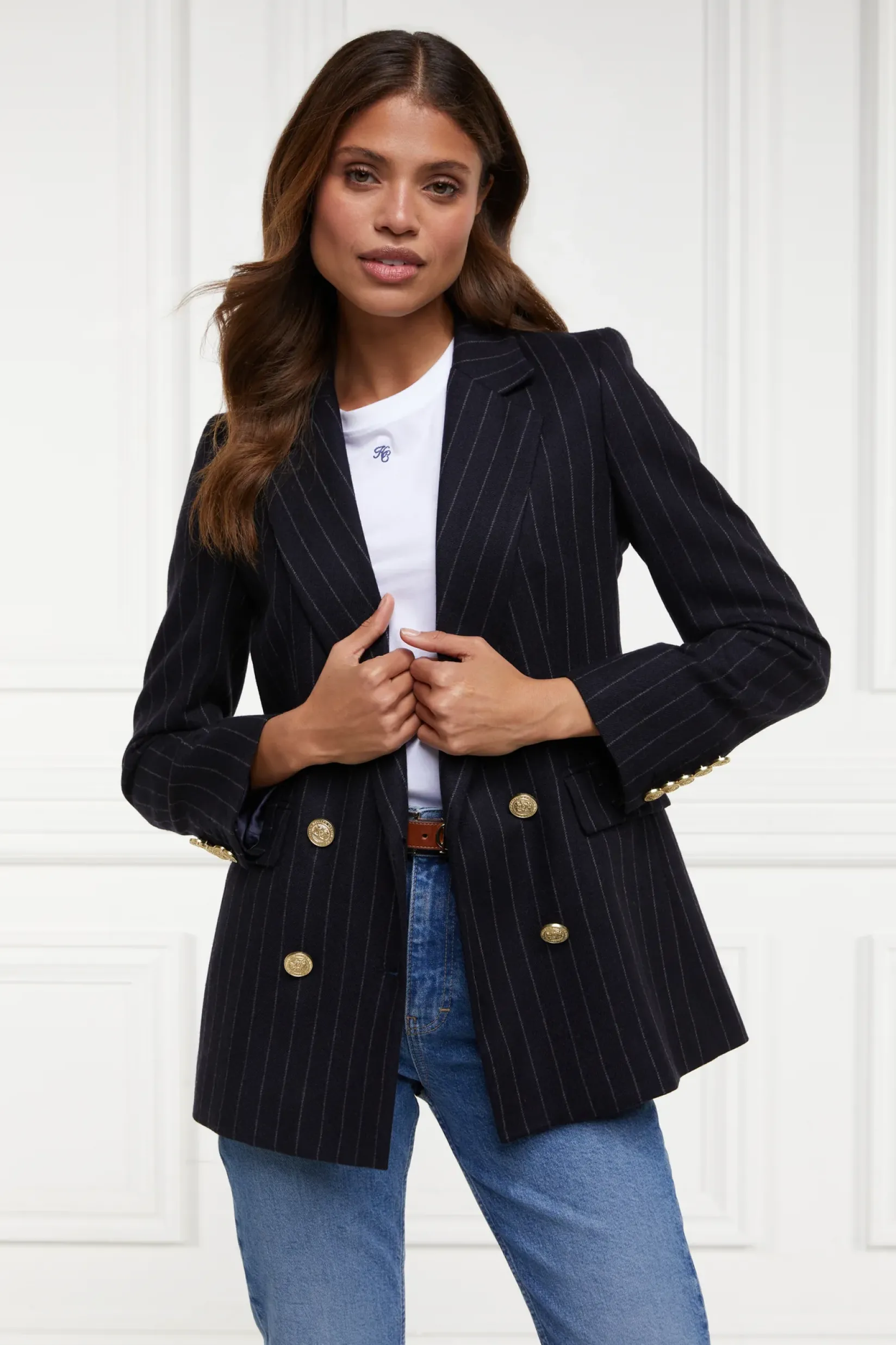Holland Cooper Gifts For Her|Blazers-Double Breasted Blazer Navy Chalk Pin Stripe