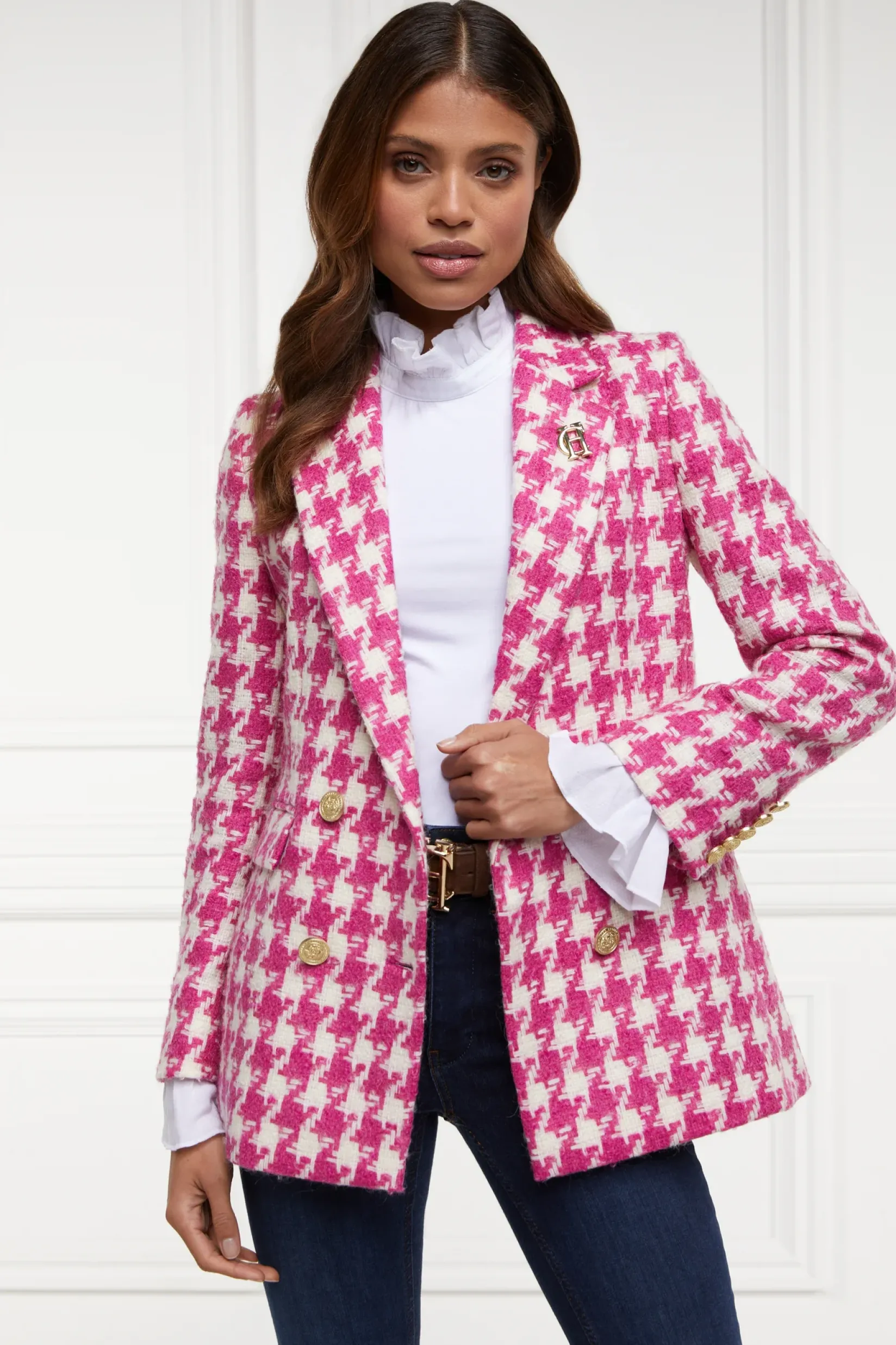 Holland Cooper Gifts For Her|Blazers-Double Breasted Blazer Hot Pink Large Scale Houndstooth