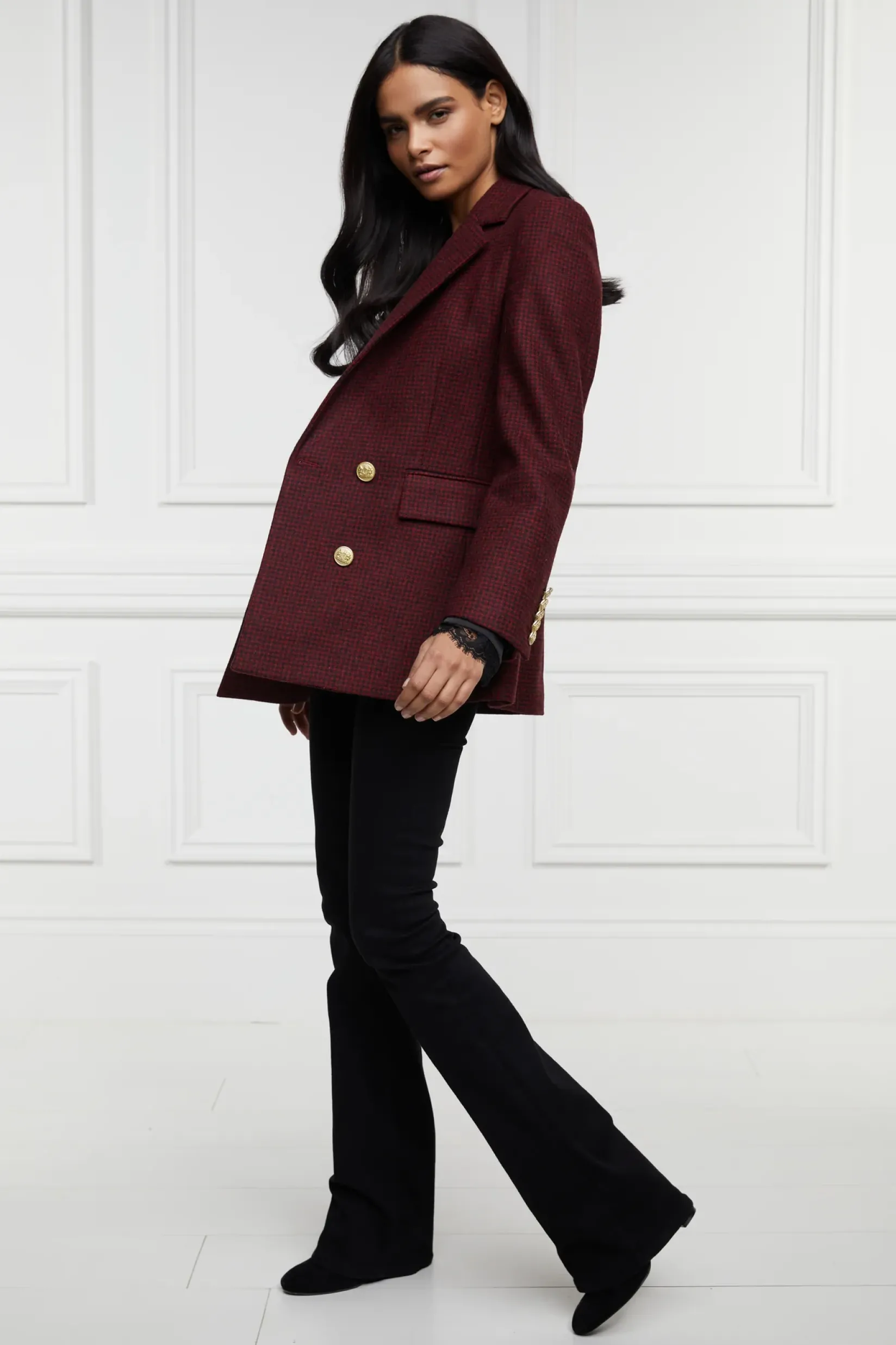 Holland Cooper Jackets|Blazers-Double Breasted Blazer Deep Red Houndstooth