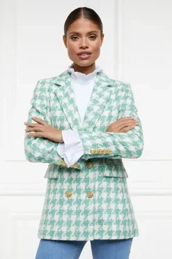 Holland Cooper Blazers|Jackets-Double Breasted Blazer Large Scale Teal Houndstooth