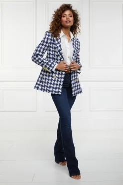 Holland Cooper Blazers|Jackets-Double Breasted Blazer Large Scale Navy Houndstooth