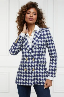 Holland Cooper Blazers|Jackets-Double Breasted Blazer Large Scale Navy Houndstooth