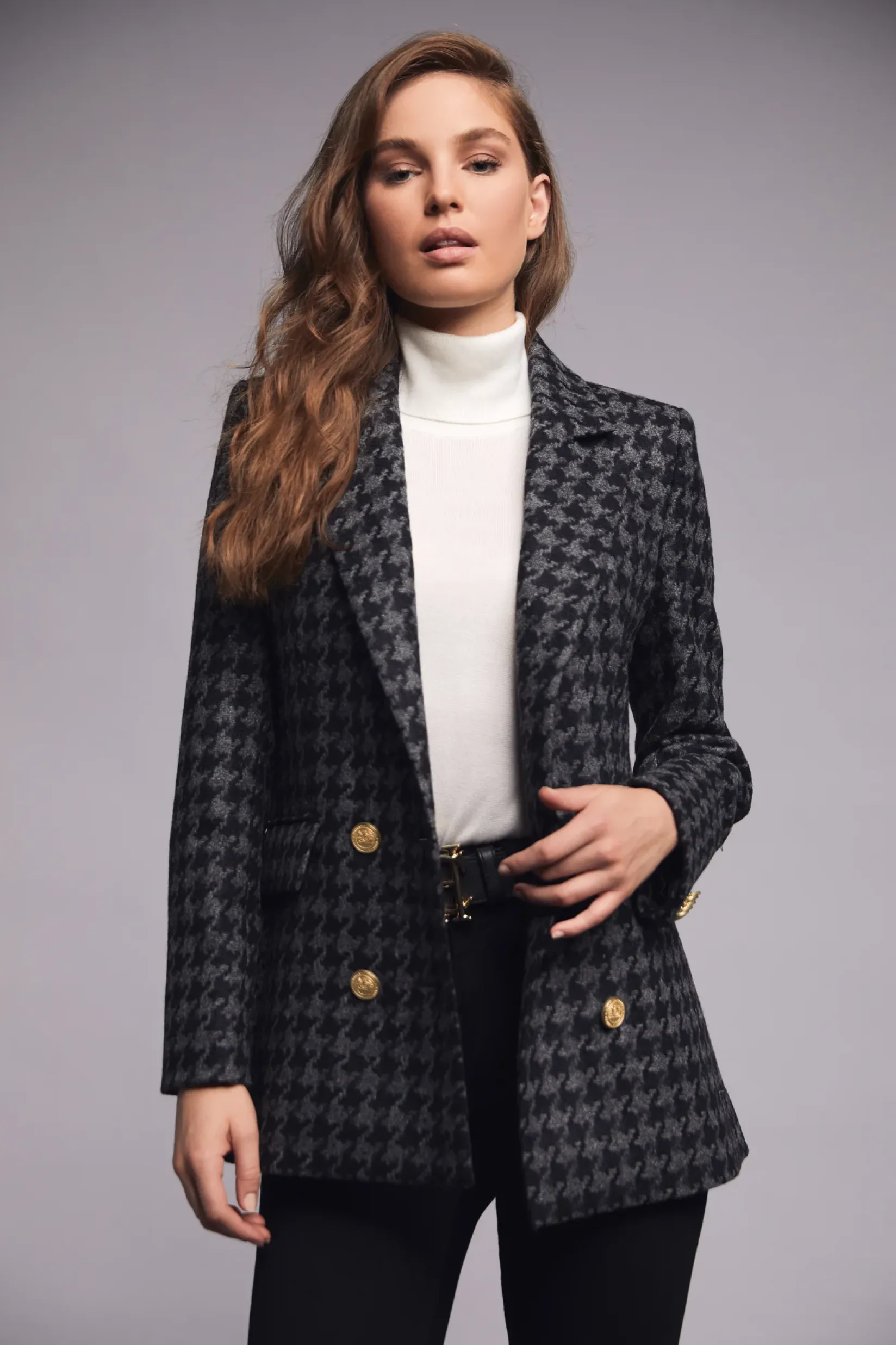 Holland Cooper Blazers|Jackets-Double Breasted Blazer Large Scale Charcoal Houndstooth
