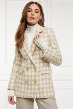 Holland Cooper Blazers|Jackets-Double Breasted Blazer Camel Houndstooth