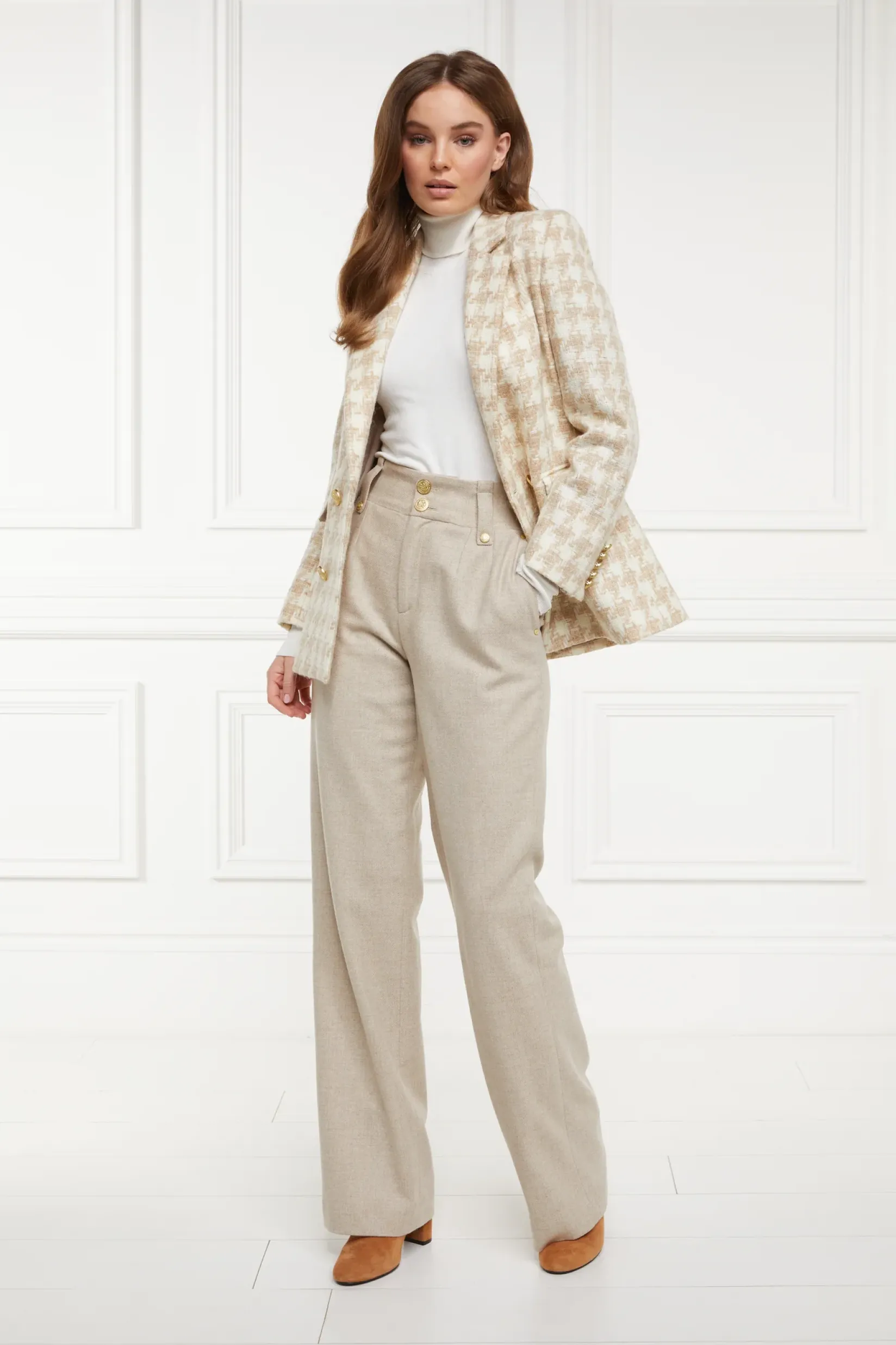 Holland Cooper Blazers|Jackets-Double Breasted Blazer Camel Houndstooth
