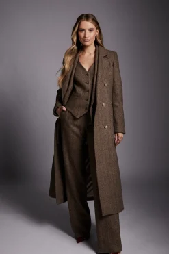 Holland Cooper Coats-Double Breasted Coat Large Scale Brown Herringbone