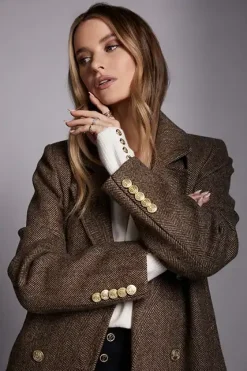 Holland Cooper Coats-Double Breasted Coat Large Scale Brown Herringbone