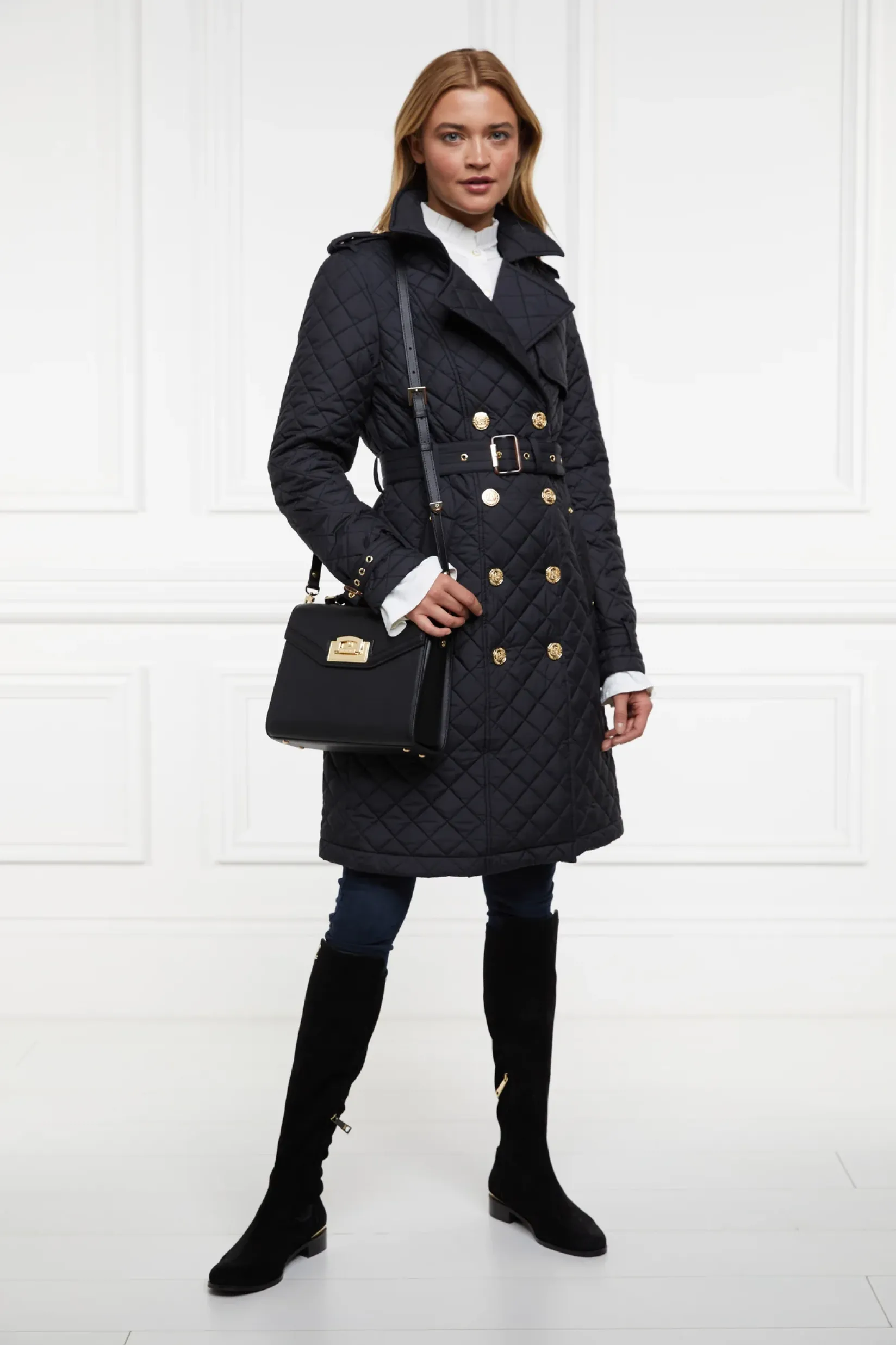 Holland Cooper Trench Coats|Coats-Enstone Quilted Trench Coat Black Gold