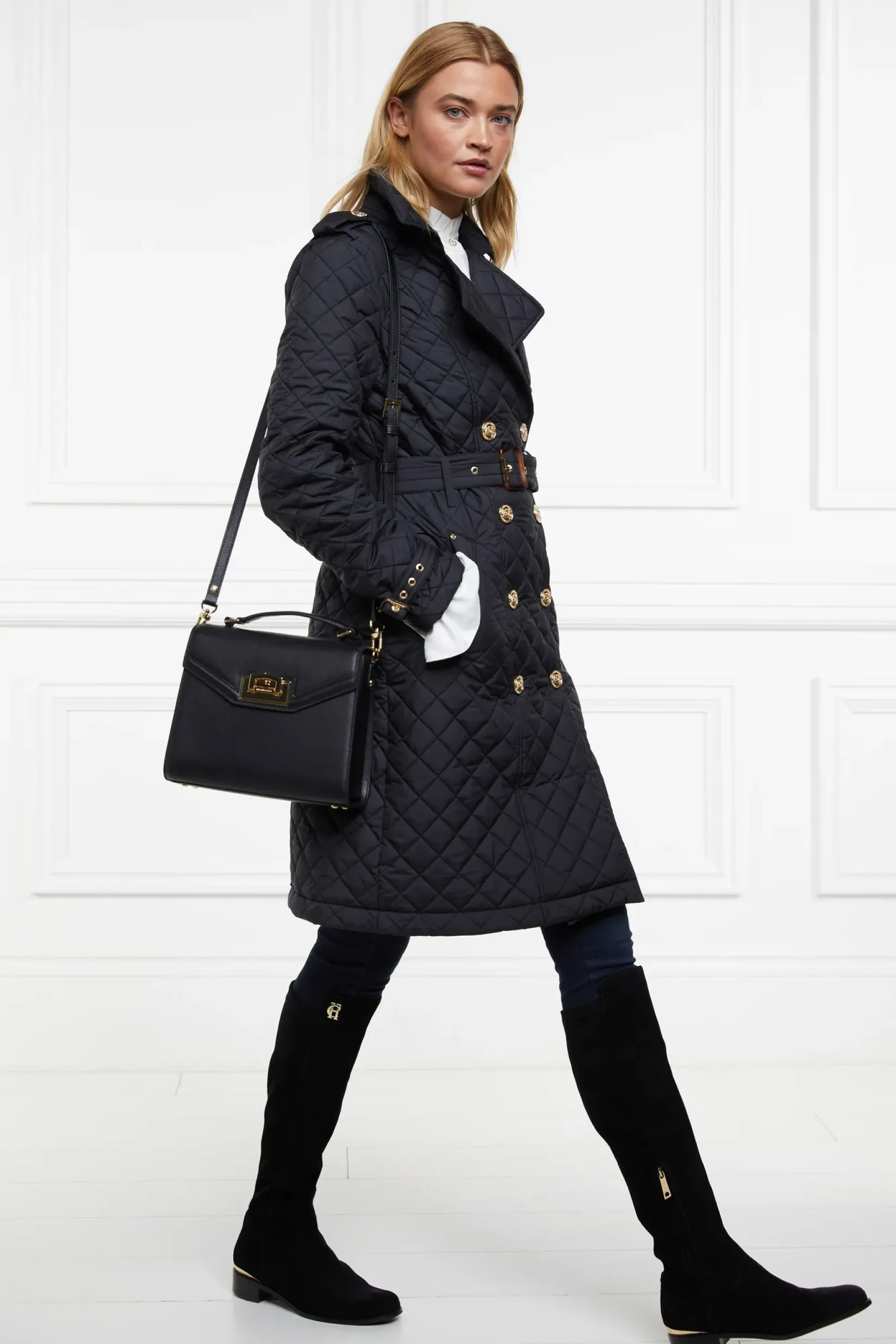 Holland Cooper Trench Coats|Coats-Enstone Quilted Trench Coat Black Gold
